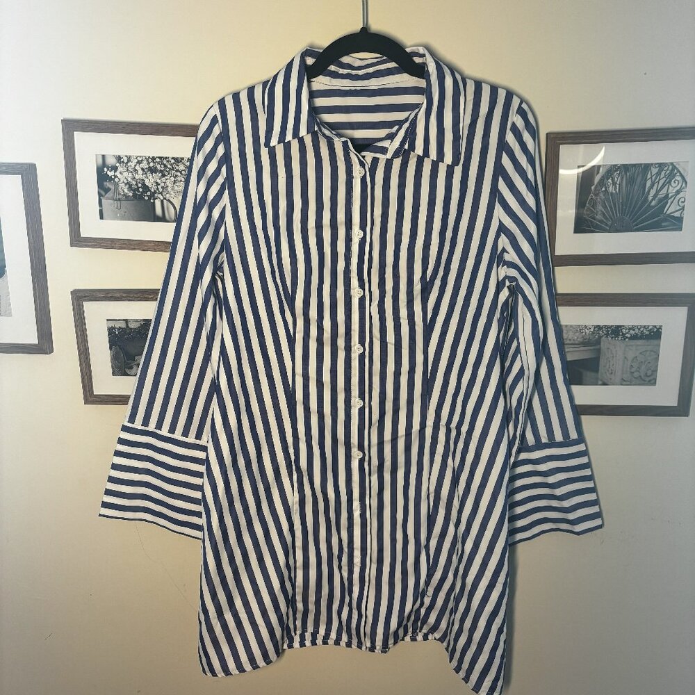 Women’s Blue & White Vertical Stripe Shirt Dress